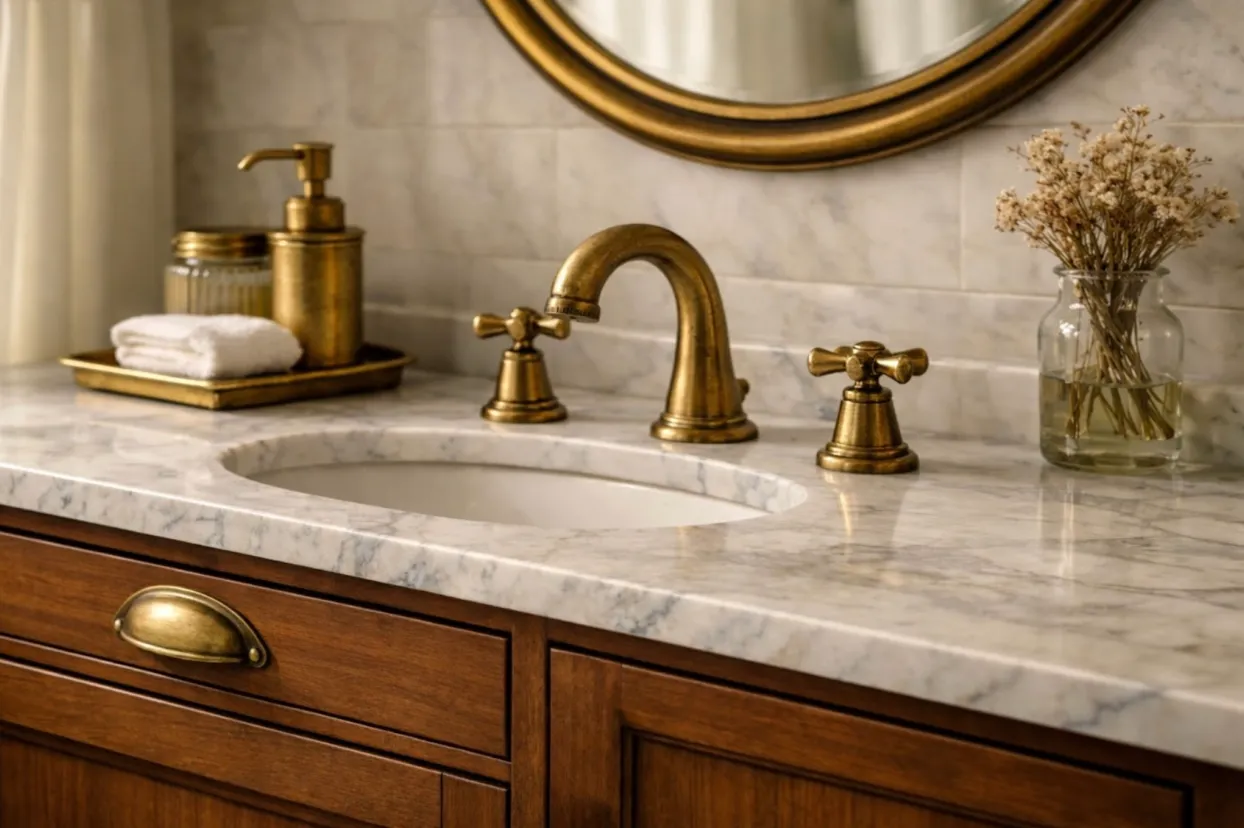ฟินิชแบบ aged brass สีทองหม่นที่มีอายุการใช้งานตามธรรมชาติ