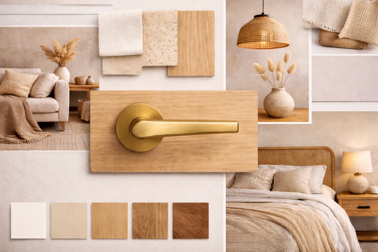 moodboard บ้านสไตล์อบอุ่น warm tone เข้าคู่กับมือจับประตูสีทอง